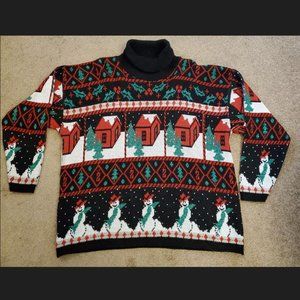 Vintage festive chunky knit black and red holiday sweater with green tinsel